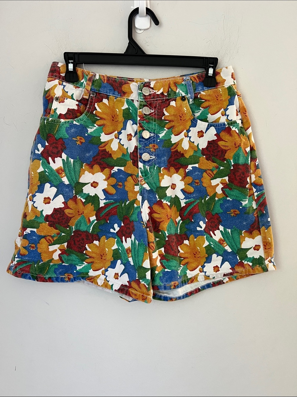 90s Vtg Floral Button-Front Denim Skirt Shorts in Multicolor Sz 13 🟨